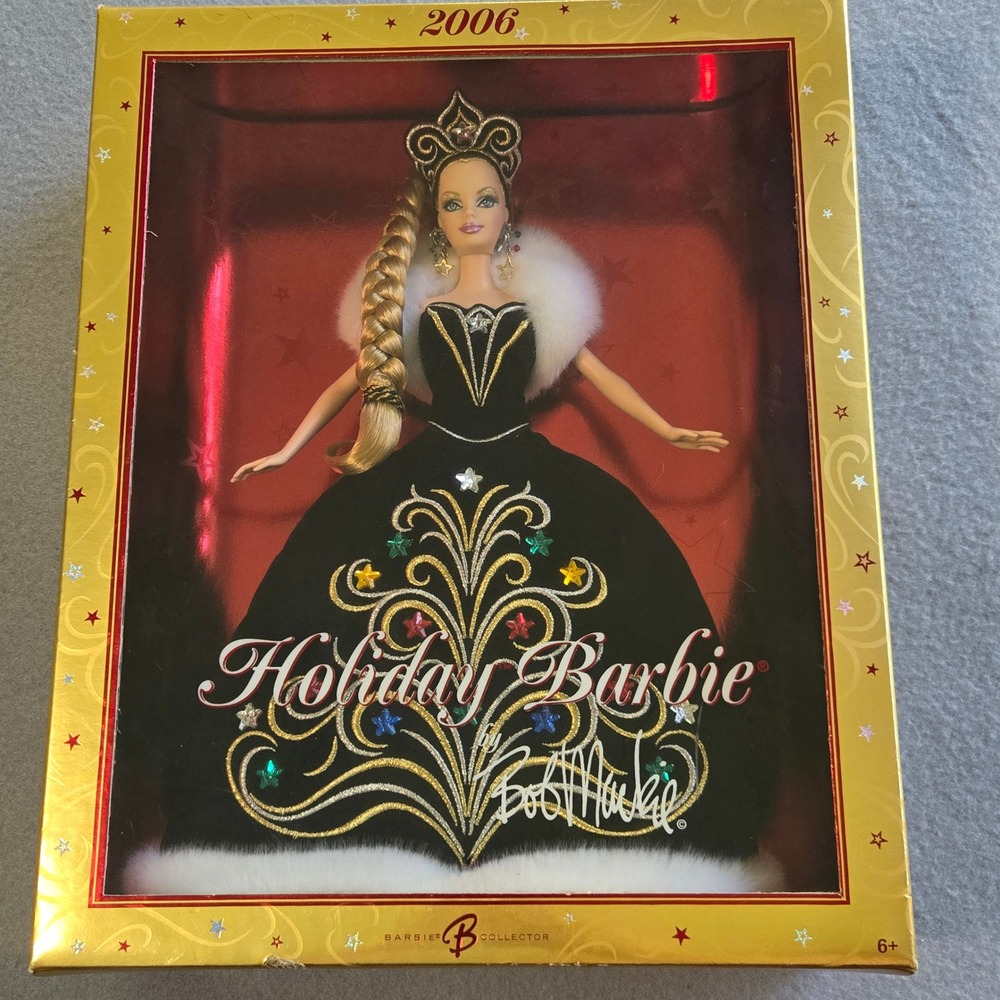 Mattel Holiday Barbie 2006 Bob Mackie Doll Black Gown Faux Fur Star Accent J0949